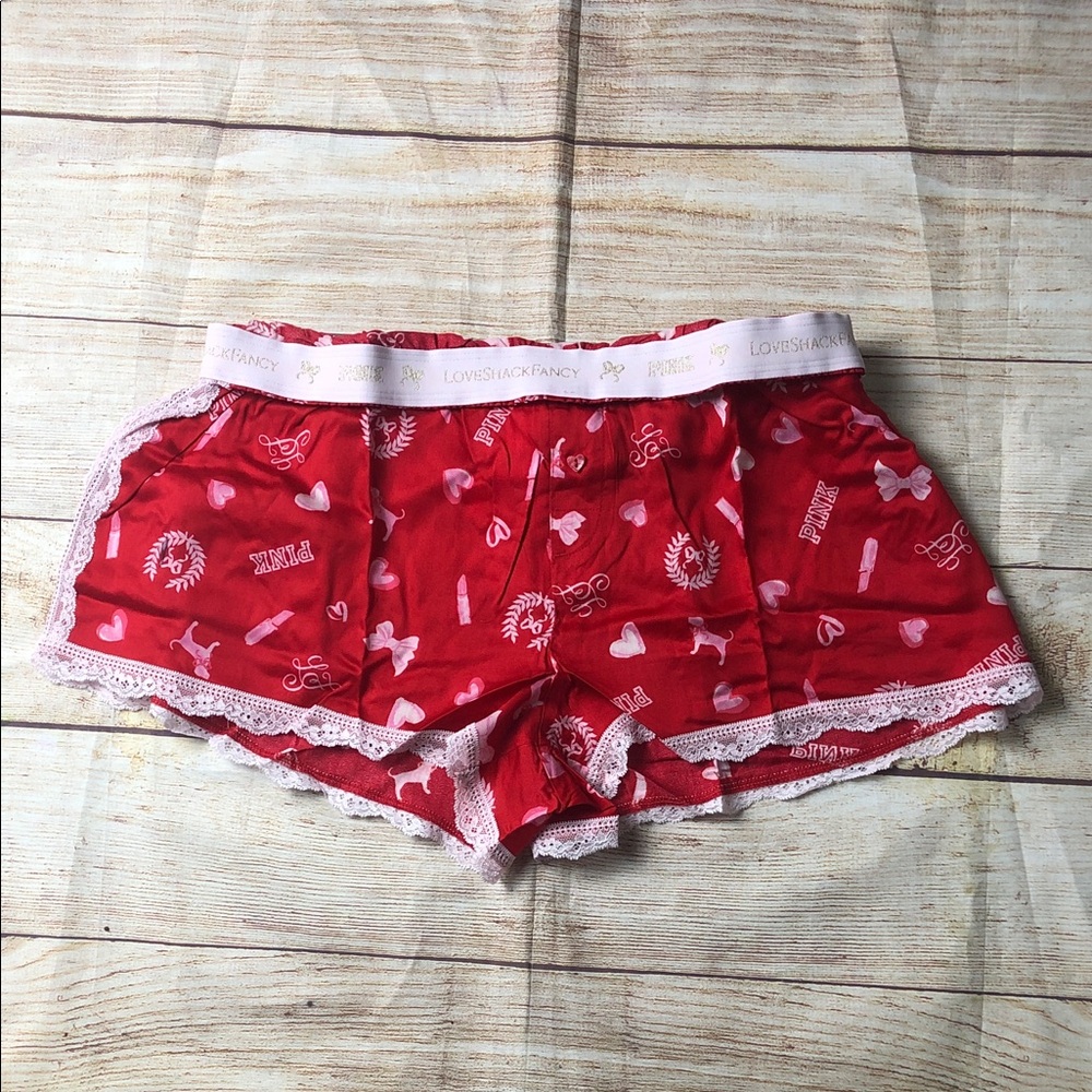 LoveShackFancy x VS PINK Red Silky Boxer Pajama Shorts with Lace Trim‎